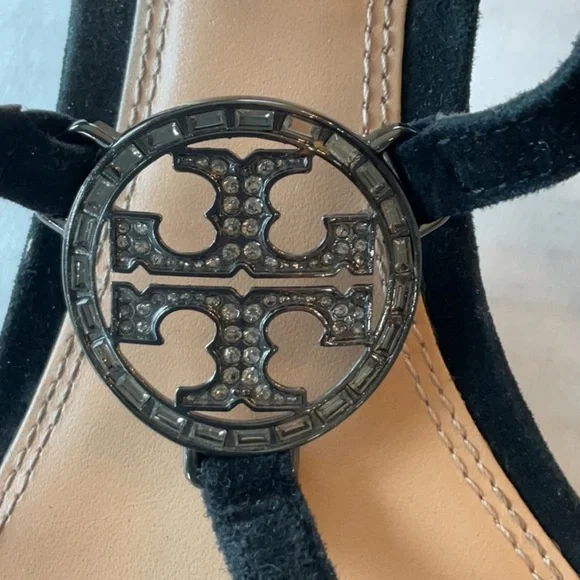 Tory Burch black suede sandal w/ rhinestone logo Size 8 - Picture 5 of 13